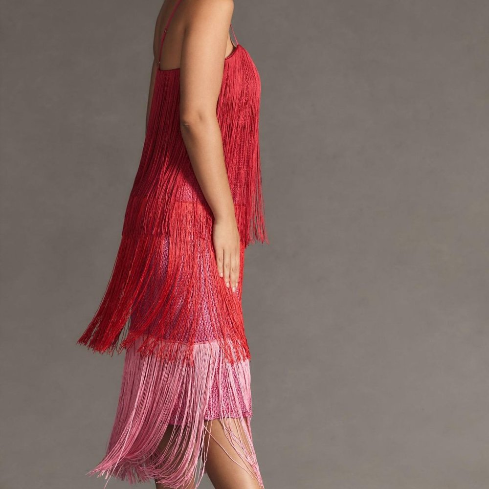 Anthropologie Red and Pink Fringe Slip Dress